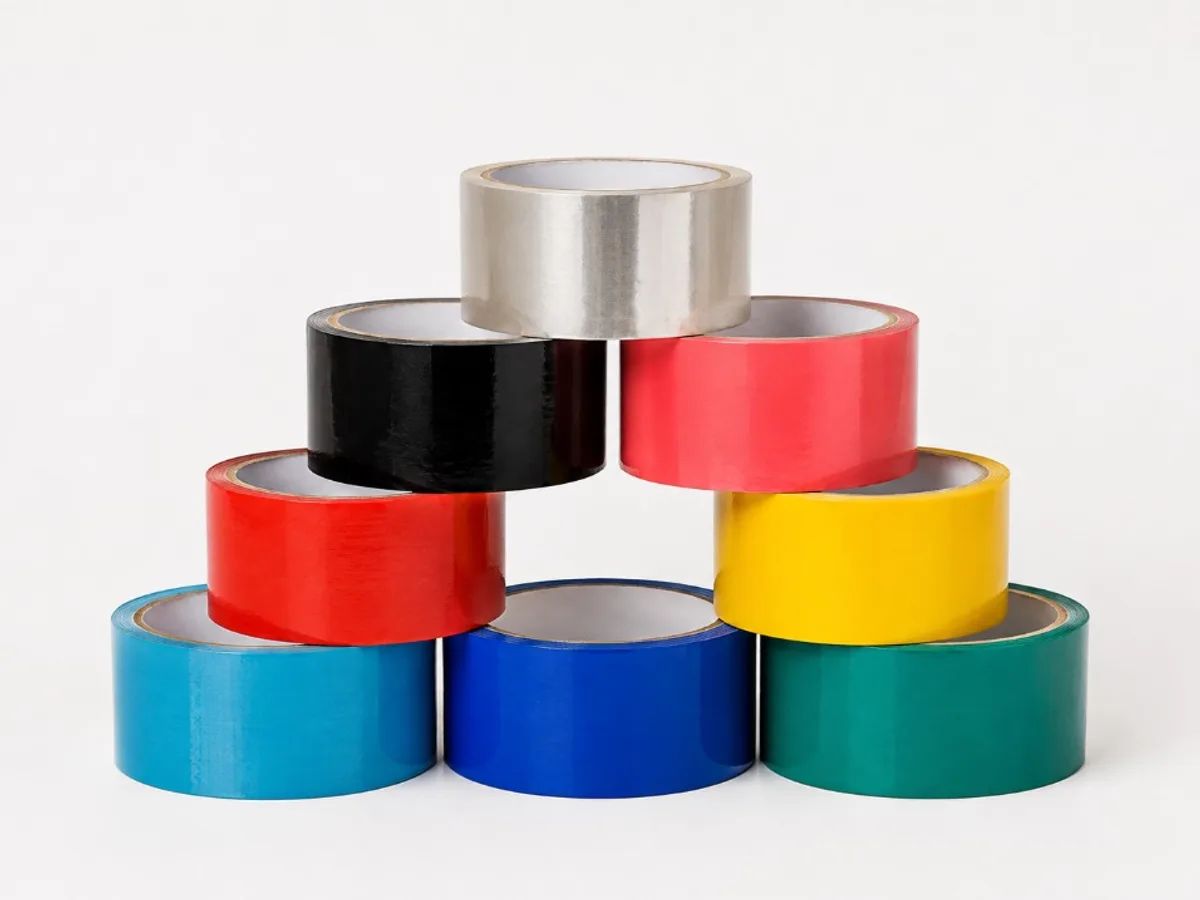 Pirâmide de oito rolos de fita adesiva: transparente, preto, coral, vermelho, amarelo, ciano, azul e verde