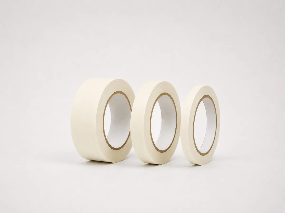 Três rolos de fita crepe de papel, em larguras diferentes
