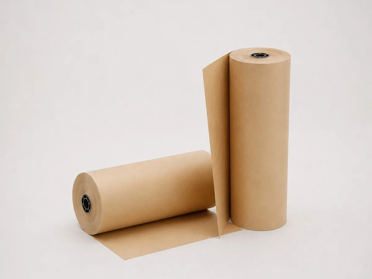 Duas bobinas de papel kraft marrom, uma em pé e uma deitada com a folha desenrolada