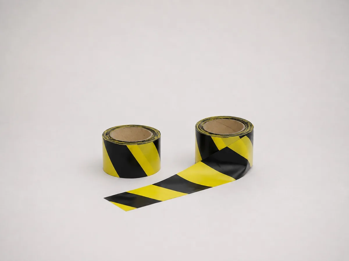 Dois rolos de fita zebrada amarela e preta, um deles com a fita desenrolada